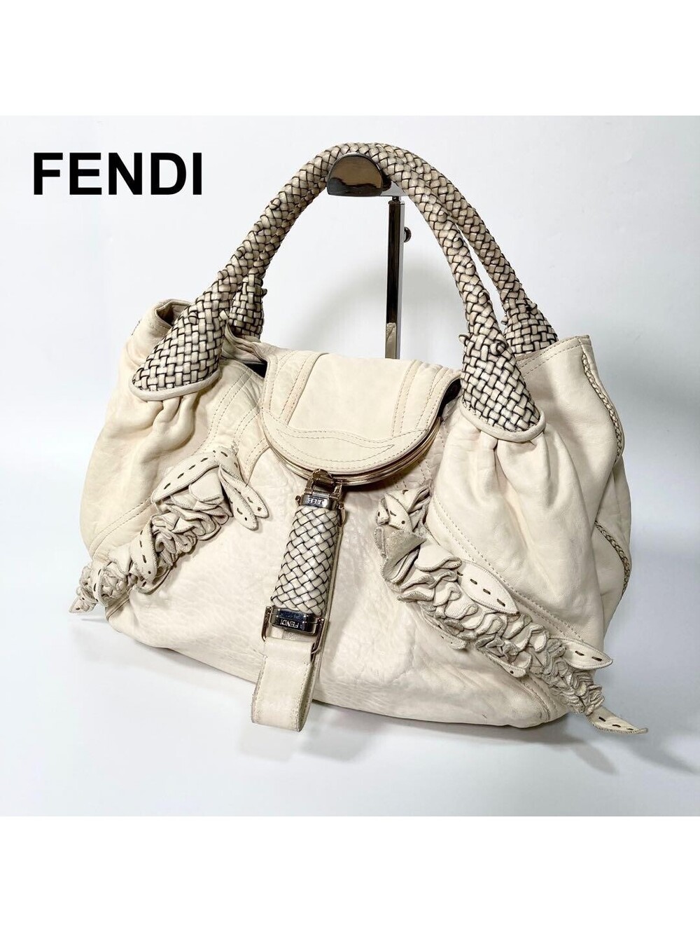 FENDI Spy Bag White Leather Zucca Handbag Silver Tone Hardware Auth from JAPAN